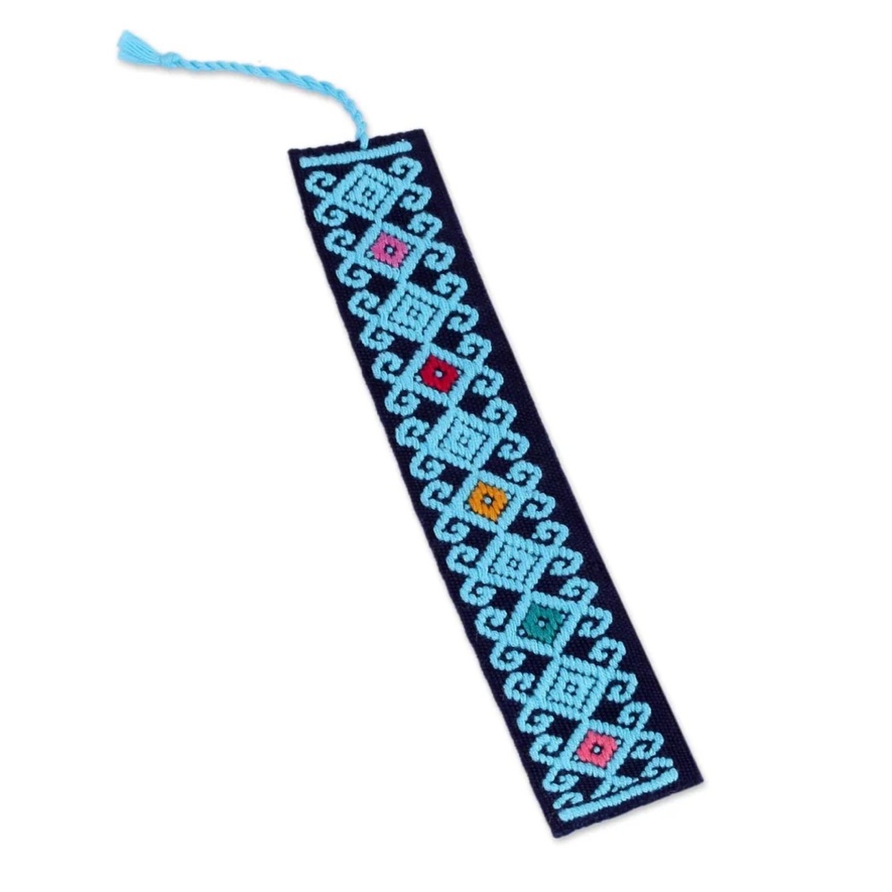 Embroidered Cotton Bookmark Scrolling Diamonds in Blue
